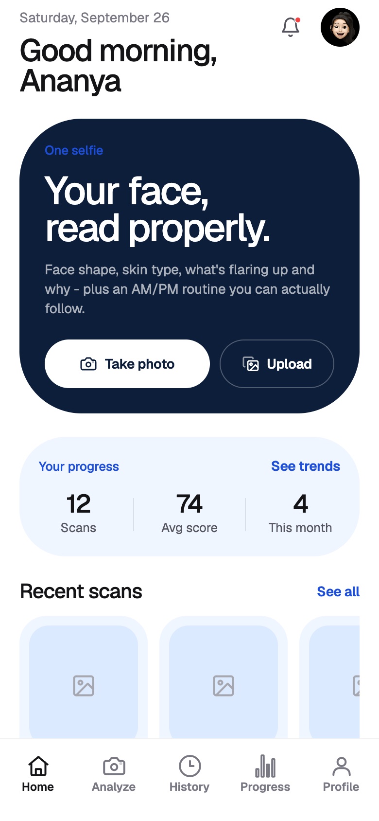 Saundarya AI home screen in the blue palette, light mode